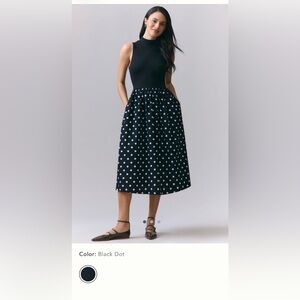 By Anthropologie (Maeve) Black Midi Twofer Dress with White Dots